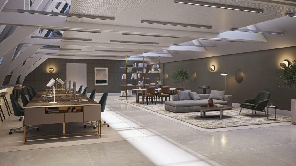 Modern en stijlvol ingericht kantoor op de Nieuwezijds Voorburgwal met werkplekken, loungehoek en boekenwand onder een schuin dak met dakramen.